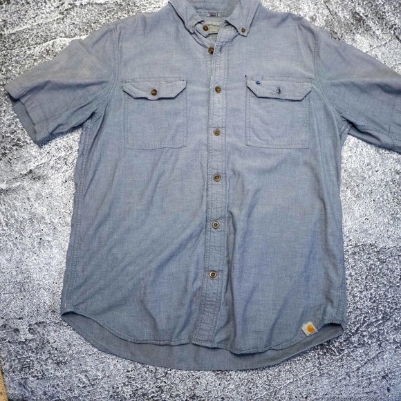 CARHARTT Mens Large Blue Button-up Short Sleeve Work Shirt Pocket workwear - Picture 1 of 11
